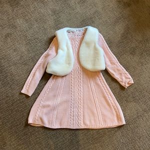 Girls Pink Sweater Dress With Fur Vest
